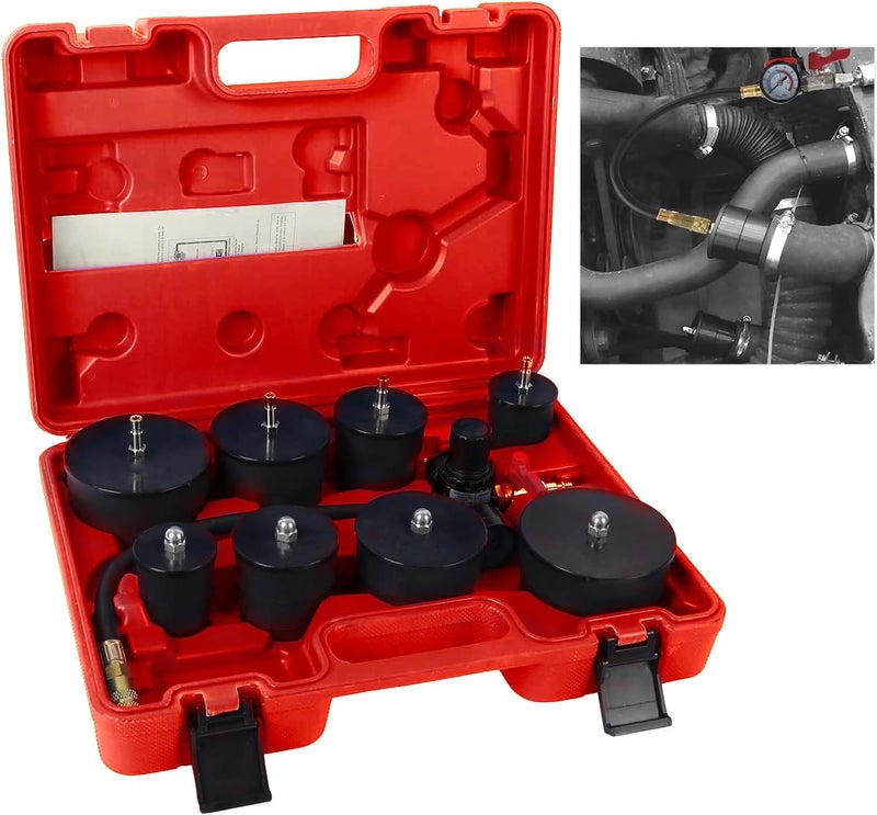 Angchun Boost Leak Tester - Turbo Boost Leak Tester Kit 9PCS Turbo System Leakage Tester with 4 Pairs of Stepped Adapters 1-3/8"- 3-1/2", Leak Down Tester with Pressure Gauge for Cooling System - Image 1